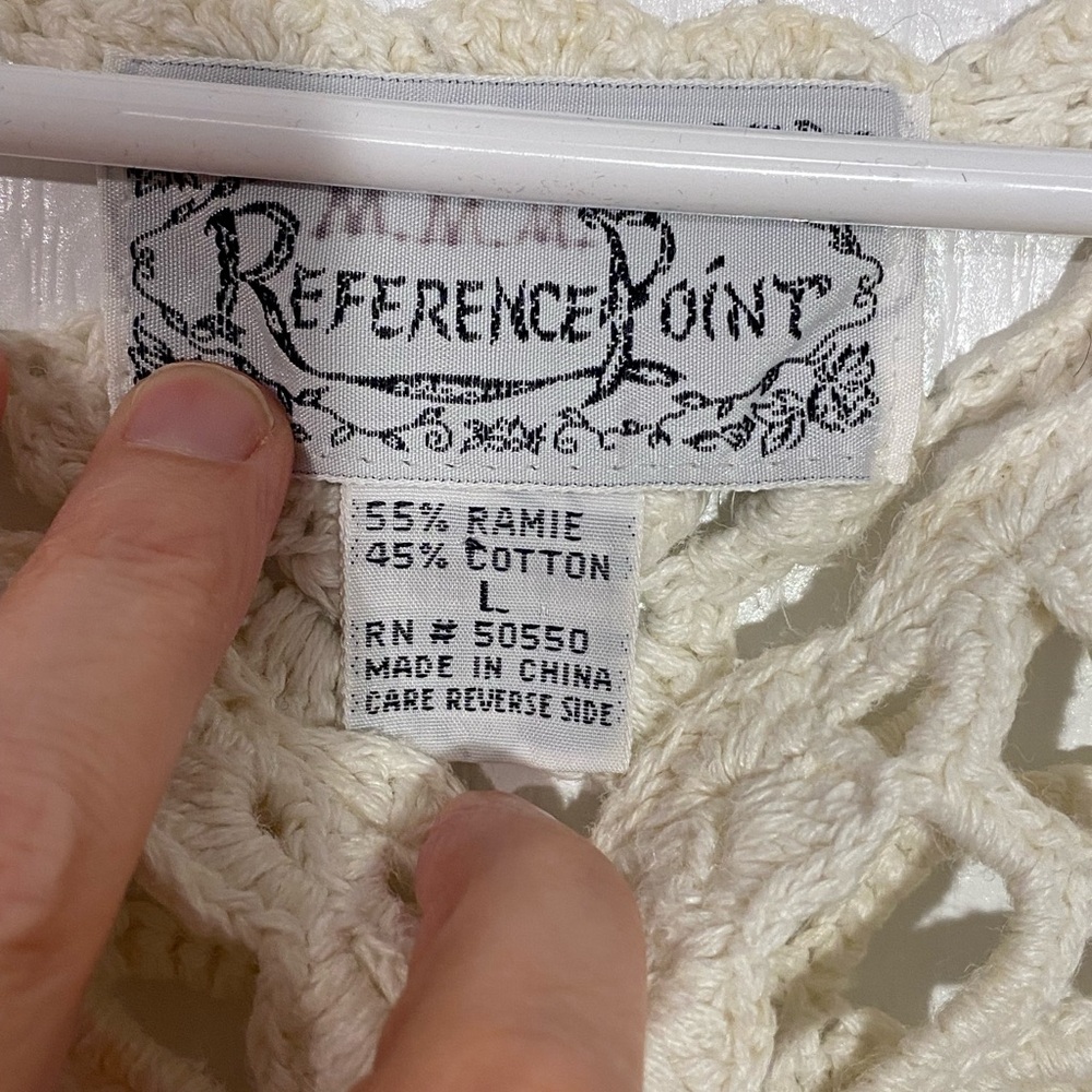 90s Crochet Floral Open Knit Cropped Sweater Vintage Cream Large - Picture 5 of 7